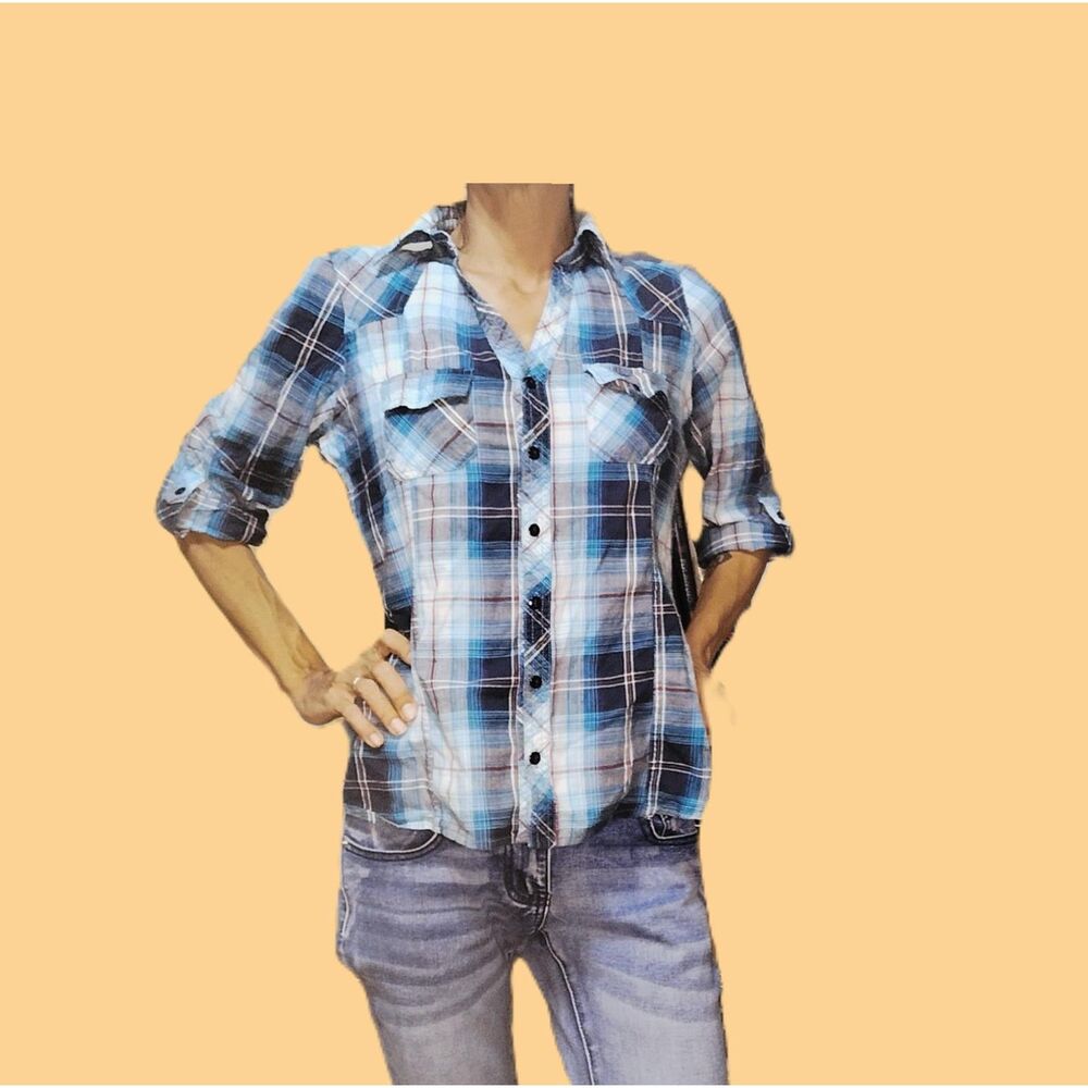 Love Potion Blue Teal Plaid Western Button Up Shirt ~ Size Medium
